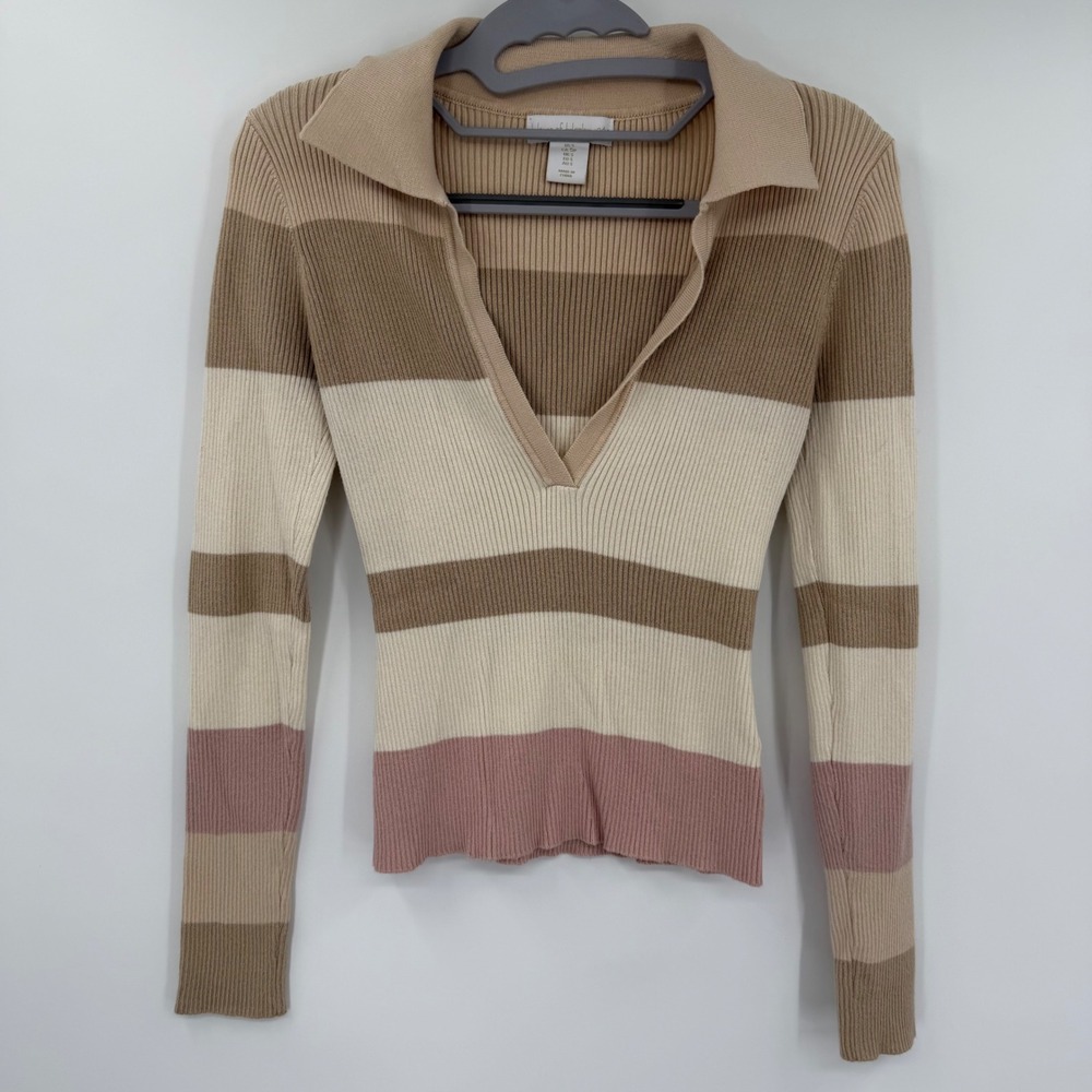House of Harlow 1960 Ribbed Striped Polo Sweater V-Neck Beige Pink Small